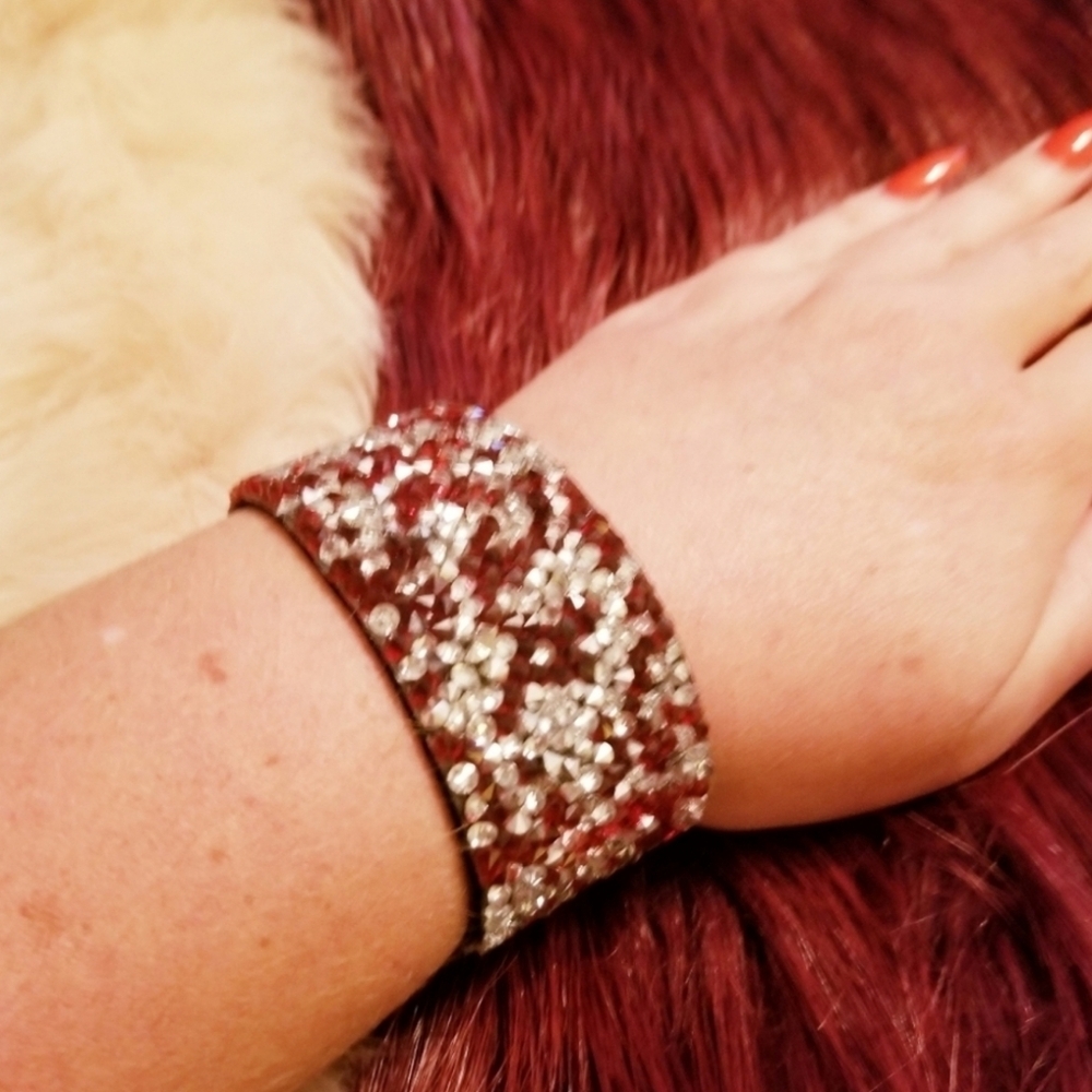 Vintage Red Crystal Gunmetal Magnetic Cuff Bracelet